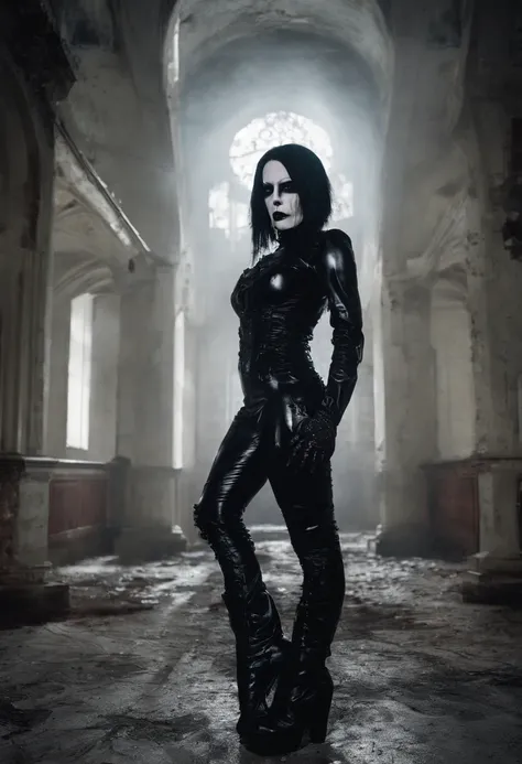 Woman dressed in latex posing for a photo in a dark abandoned church, fetish fashion, goth make-up, darksynth aesthetic, horror fashion, bizarre fashion, ultra detailed, masterpiece.