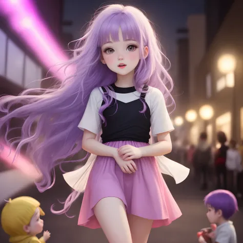 White girl with purple hair and pink hight lights kid