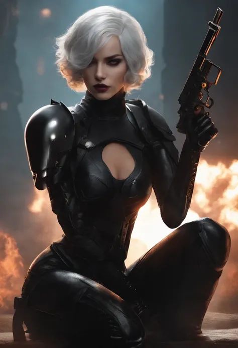 Personagem 2B, A female droid in a black outfit and complex armor, With a pistol drawn in his hand, em uma pose confiante e poderosa