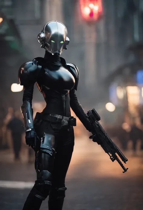 Personagem 2B, A female droid in a black outfit and complex armor, With a pistol drawn in his hand, em uma pose confiante e poderosa