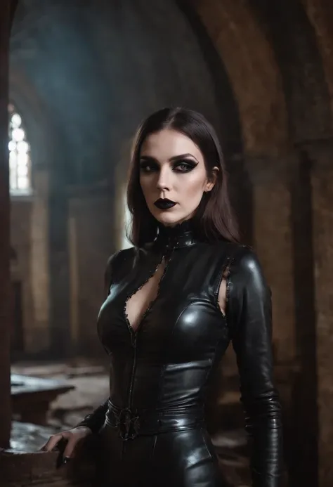 Woman dressed in latex posing for a photo in a dark abandoned church, fetish fashion, goth make-up, darksynth aesthetic, horror fashion, bizarre fashion, ultra detailed, masterpiece.