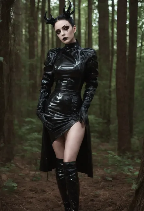 Woman dressed in latex posing for a photo in a dark forest, fetish fashion, goth make-up, darksynth aesthetic, horror fashion, bizarre fashion, ultra detailed, masterpiece.