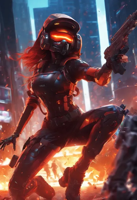 (masterpiece), best quality, expressive eyes, perfect face, perfect sexy body, perfect arms, perfect legs, perfect hands 4k quality a female tech soldier dressed in black and red techwear shooting on a battlefield sexy pose, at war, with mechas (gundam) (A...