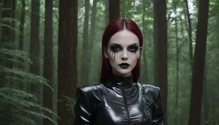 Woman dressed in latex posing for a photo in a dark forest, horror make-up, goth make-up, darksynth aesthetic, horror fashion, bizarre fashion, ultra detailed, masterpiece.