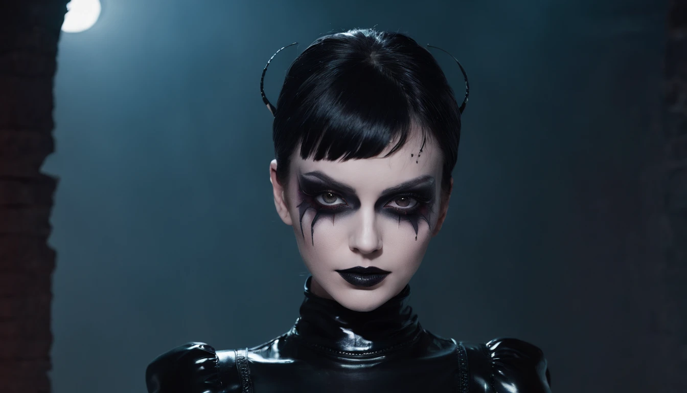 Woman dressed in latex posing for a photo in a dark city, horror make-up, goth make-up, darksynth aesthetic, horror fashion, bizarre fashion, ultra detailed, masterpiece.