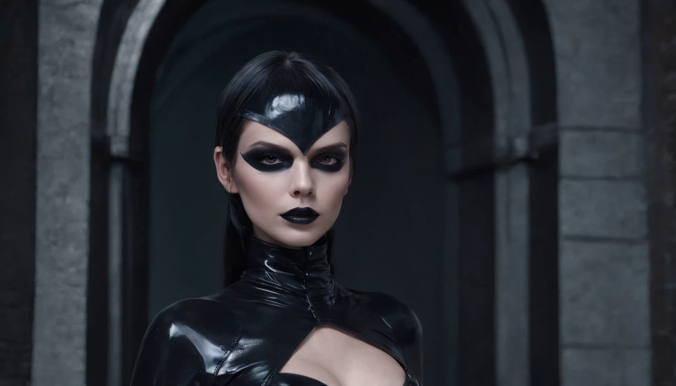 Woman dressed in latex posing for a photo in a dark city, horror make-up, goth make-up, darksynth aesthetic, horror fashion, bizarre fashion, ultra detailed, masterpiece.