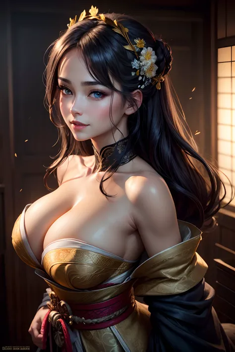 A beautiful flirtatiously smiling woman, a very busty ronin wearing gold lace kimono, Meiji restoration, blue eyes, yojimbo, cleavage, bare shoulders, HD, UHD, WLOP, Artgerm, French braid hairstyle, a view from the side and above,  large anime eyes, realis...