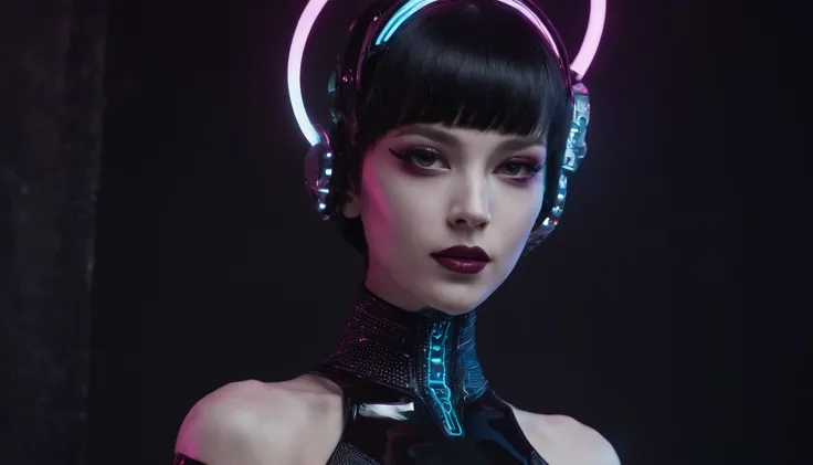 Woman dressed in futuristic leotard posing for a photo in a dark studio, goth make-up, bizarre fashion, neon lights in the background, half body shot, robotic parts, perfect body, ultra detailed, masterpiece.