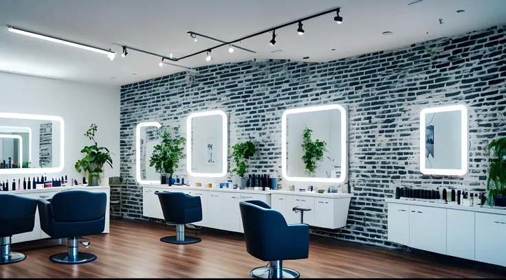 White and navy blue beauty salon with white brick wall written Alana Diniz Hair in neon light. Minimalist setting with lots of plants and artwork.