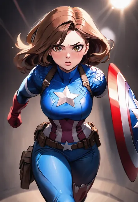 Haley Atwell (Captain Carter X Captain America), dynamic pose, dynamic background, Iconic Shield, intense eyes, strong jawline, determined expression, vibrant colors, cinematic lighting,(best quality,4k,highres:1.2),ultra-detailed,realistic,physically-base...