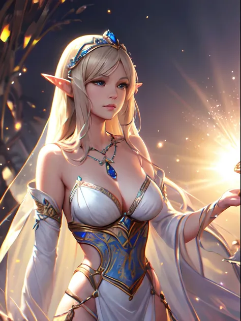 waist shot of a female elf, intricate, slender face, elegant, wearing sapphire necklace, white light dress with straps, facing camera, highly detailed, digital painting, artstation, concept art, smooth, sharp focus, illustration, art by artgerm and greg ru...