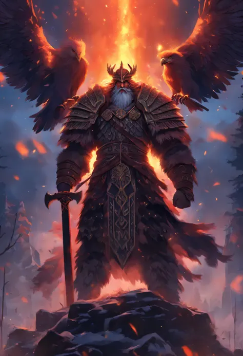 (((Slavic God))) best quality, ultra-high resolution, 4K detailed CG, master piece,Perun, man, long hair and beard, Axe, Slavic armor, Eagle in the sky, Slavic Mythology, ((Holding ax in hands)),Slavic painting style, aesthetic, centered on the canvas