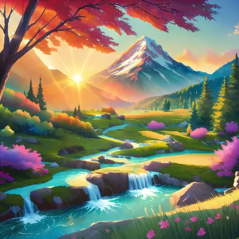 (best illumination, best shadow), scenic anime landscape, beautiful nature scenery, breathtaking view, majestic mountains, lush greenery, flowing streams and rivers, colorful flora and fauna, peaceful atmosphere, magical sunset.