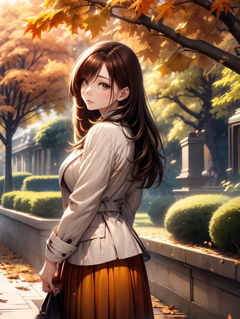 Best Quality, masutepiece, beautiful mature women、Beautiful face、Strong-minded woman、(long red skirt、White coat、Black long sleeves)、brown haired、(Brown-eyed)、Longhaire、Undersized eyes、(((Gingko tree with autumn leaves、Gingko tree)))、the morning sun