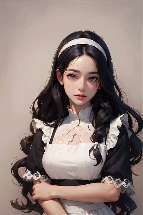 maid clothes　Long black hair　FULL BODYSHOT　White lace headband　White lace apron　white garter stockings　No bangs　Wavy Hair　Bangs center parting　Beautiful facial features　Frontal shot　Full-body image　8K picture quality、top-quality、masutepiece，white stockings...