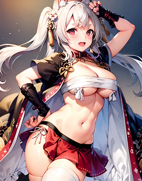 masterpiece,1girl,solo,white hair,twintail,cat ears,blush,open mouth,navel,cleavage, sarashi,paw pose,