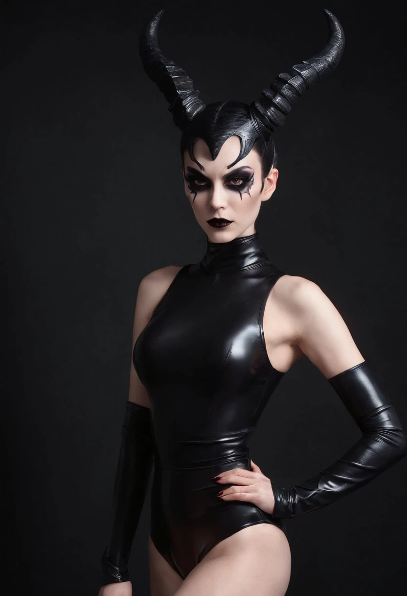 Demon woman with horns dressed in latex leotard posing for a photo in a dark studio, black make-up, ultra detailed, masterpiece.