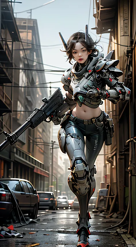 (8k, best quality, masterpiece:1.2), (realistic, photo-realistic:1.37), ultra-detailed, ((1girl)), full body shot, (running down a street), ((holding an assault rifle)), ((wearing futuristic tech armor with cybernetic implants)), midriff exposed, long leat...