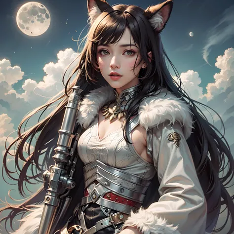 ((Finest quality)),(超A high resolution),(ultra-detailliert),(Meticulous portrayal),((Best CG)),(Finest works of art),Ultra-Precision Art,The art of astounding depiction, (Half moon hidden in clouds:1.5), (Female hunter:1.5),Fur clothing,lone wolf