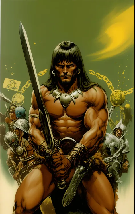 um desenho de um homem com uma espada sentado em uma pilha de correntes, Illustration by Conan, the Barbarian, inspirado em Clyde Caldwell, Marcos Silvestri, Marcos Brooks Frank Frazetta, inspirado em Simon Bisley, Conan, the Barbarian, Estilo de Simon Bis...