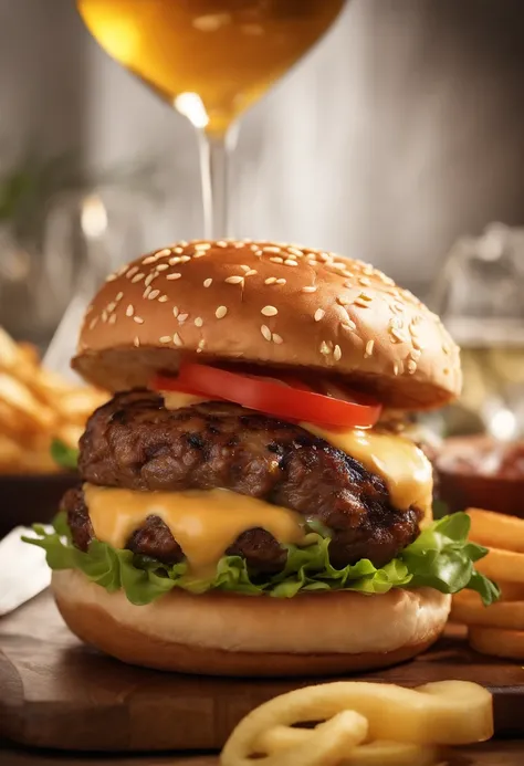 Craft a mouthwatering, irresistible description of the perfect burger, emphasizing its umami richness and juiciness, designed to captivate and entice burger enthusiasts. Imagine sizzling, succulent beef patty cooked to perfection, nestled between soft, toa...