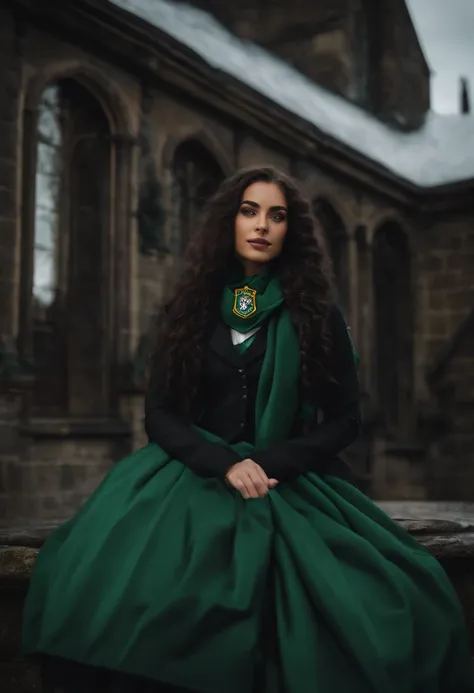 una chica hermpsa  de pelo negro con el uniforme de hogwarts con una bufanda de la casa slytherin puesta