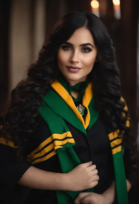 una chica hermpsa  de pelo negro con el uniforme de hogwarts con una bufanda de la casa slytherin puesta