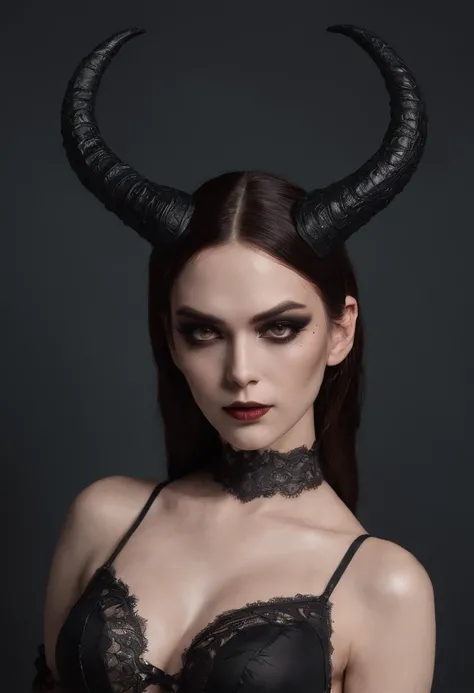 Demon woman with horns dressed in black lingerie posing for a photo in a dark studio, black make-up, perfect body, sensual pose, ultra detailed, masterpiece.