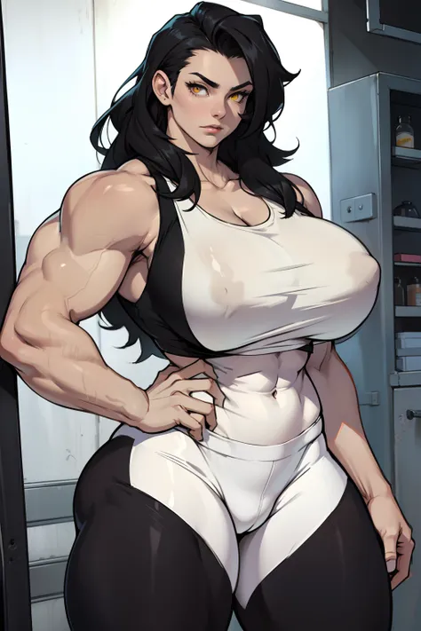 pale skin 1girl bodybuilder muscular toned body wide hips thick thighs curvy huge tits black hair yellow eyes tank top leggings wavy hair