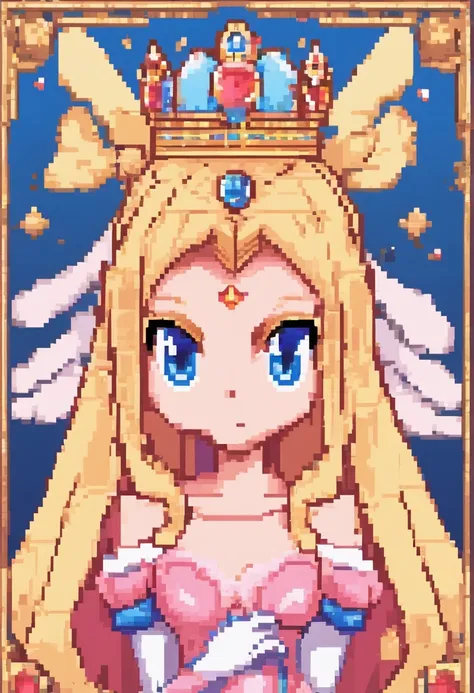 (Princess Peach) blonde hair. Blue eyes. Gold crown with blue gems. Pink big flowing wings. Wearing a playboy bunny outfit with white thigh high stockings