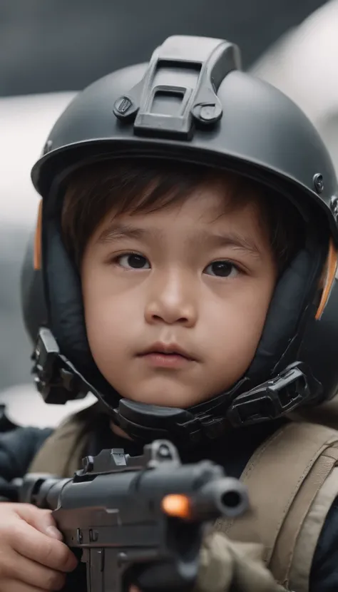 a close up of a baby wearing a helmet and holding a gun, future warrior,  jungkook, yanjun chengt, next gen, innocent look, future combat gear, (((luke chueh))), 4k uhd image, closeup portrait shot, security agent