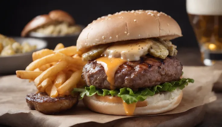 Surf and Turf Burger with Melted Beef Cheddar Burger, stock photo