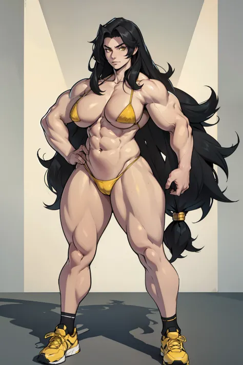 (very long hair) pale skin 1girl bodybuilder muscular toned body wide hips thick thighs curvy huge tits black hair yellow eyes micro bikini full body