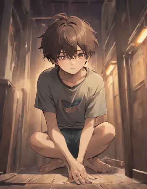 18 year old boy, soft features, sitting on the floor, dark brown hair, semi long hair length, ash gray eyes, wearing a t-shirt, wearing boxers, full body.