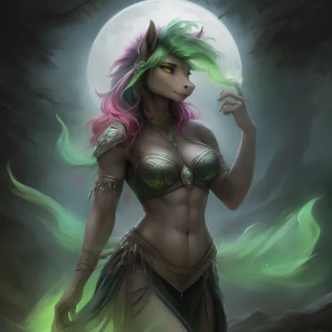 by Kenket, Ruan Jia, Chunie, Bonifasko, Extremely beautiful pony maiden, charismatic, (((glowing green-pink mane))), green and pink mane, silver ghostly evaporating fur, silver fur, wearing crystal brasserie, runic artifacts, epic shoulders, visible belly,...