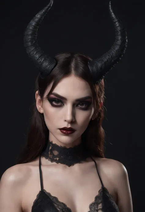 Demon woman with horns dressed in black lingerie posing for a photo in a dark studio, black make-up, perfect body, sensual pose, ultra detailed, masterpiece.