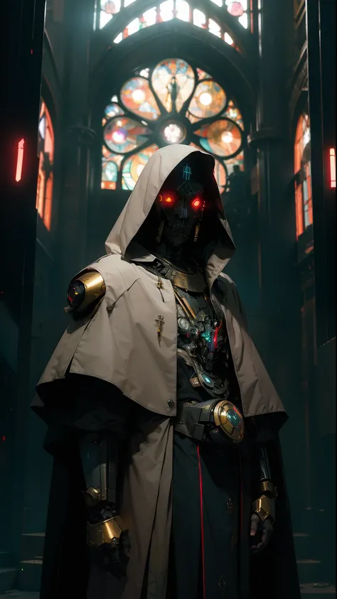 derpd, lethal cyborg male assassin with no mouth, wearing robes armor and cloak, gold trimming, danger, stained glass background, fantasy and science fiction art, neon horror, sci-fi, glitchcore, divine pose, red divine light, two bright eyes,