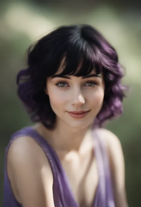 Short Black Hair, Airy Bangs, Hazel Eyes, Small Eyes, Upturned Eyes, Thin lips, pale skin, petit girl, purple and black clothing, smiling, sitting down, few freckles, realistic