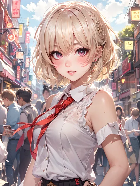 absurderes,8K, ultra-detailliert,bright colour, extremely beautiful detailed face and eyes, 独奏,Short hair, , asymmetrical bangs, Blonde hair with short twin tails, Shiny hair, Delicate beautiful face, red blush,:1.3 ) White skin, hair clips, earrings, a ne...