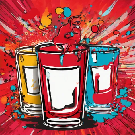 company logo, red, round, cartoon shot glass overflowing with red liquid, no words on shot glass, vibrant colors,