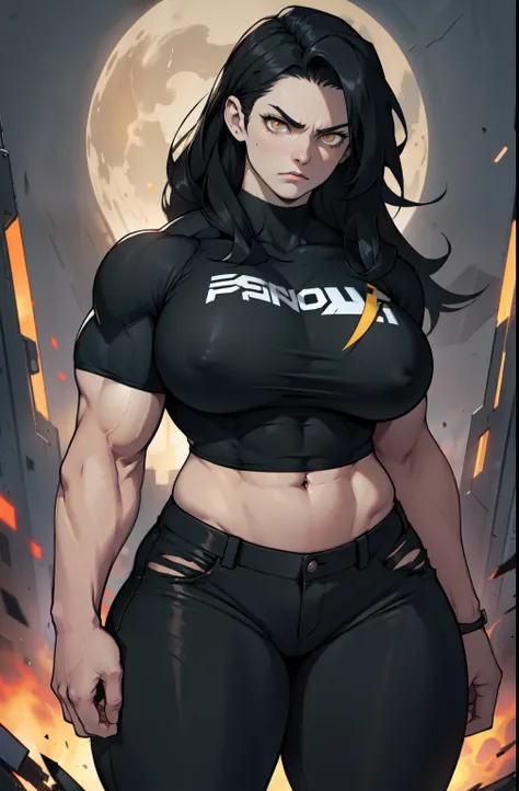 pale skin solo 1 girl black hair yellow eyes angry very long hair dark atmosphere (huge breasts bodybuilder toned body muscular) tight shirt tight pants curvy thick thighs wide hips