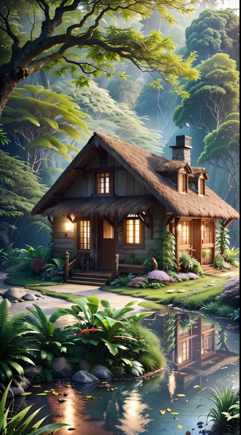 Sala de estar com vista para uma montanha e uma floresta, mountainous jungle setting, jungle setting, Como uma cena de Blade Runner, magical ambiance, pintura escura ultrarrealista, em um ambiente de selva, pleasant environment, floresta nublada, Selva bon...