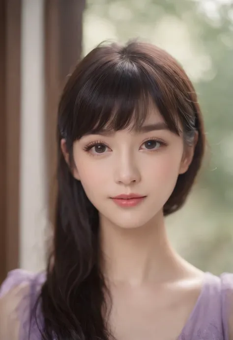 Shoulder length Black Hair, Airy Bangs, see through bangs, Hazel Eyes, Small Eyes, square face, upturned nose, bare face, Upturned Eyes, cat eyes, Thin lips, pale skin, petit girl, purple clothing, smiling, few freckles, thin eyebrows