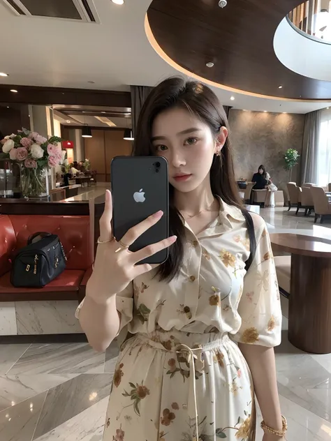 there is a woman taking a picture of herself in a hotel lobby, 2 2 years old, 8k selfie photograph, 2 3 years old, profile picture, profile pic, 1 8 yo, dang my linh, 21 years old, 18 years old, 19-year-old girl, 2 4 years old, iphone selfie, wenfei ye