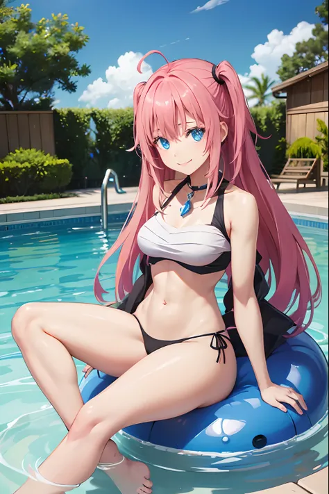 1Female、When I was reincarnated, I was a slime character（child）、masterpiece、superior quality、precise、animesque、child Demon King、Aimei、beautiful blue eyes and detailed、Pink hair、two-tailed、Proud double tails, very short black bikini 、Average breasts、True to...