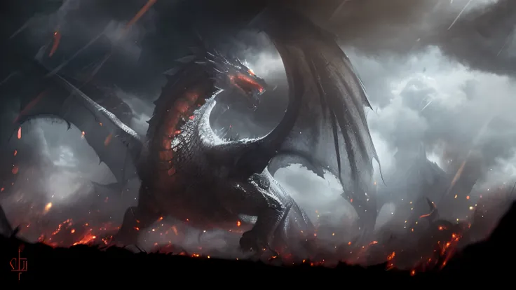 A closeup of a dragon flying through an overcast sky, Directed by: Adam Marczyński, Drogon, Ancalagon o Preto, epic dragon, dragon in the background, battle with dragon, colossal dragon as background, Alduin, dragon breathing fire, art of dragon, the devil...