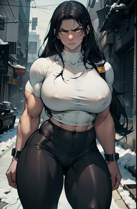 pale skin solo 1 girl black hair yellow eyes angry (very long hair sweaty) dark atmosphere (huge breasts bodybuilder toned body muscular) tight shirt tight pants curvy thick thighs wide hips snow veins