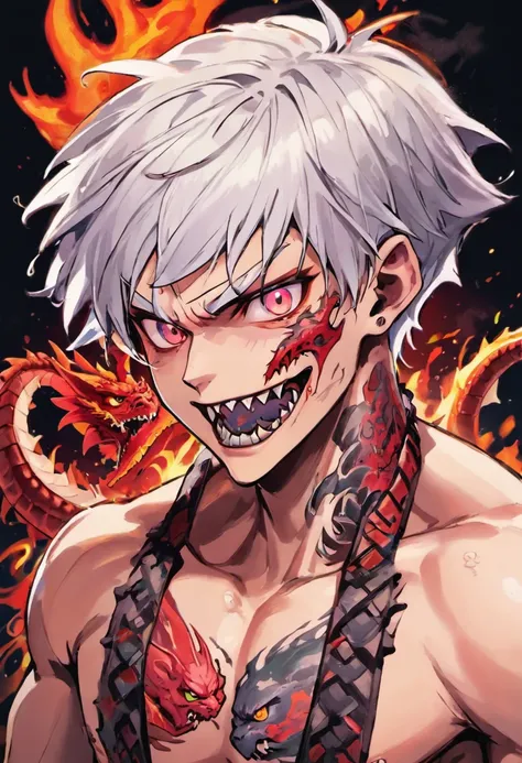 Teenage man with white hair and eyes with psychopathic face and tattoo of a dragon on his neck and a tattoo of a dragon on his face