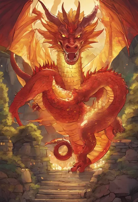 "A gigantic, morbidly obese red dragon lying on its back in a dark cave filled with an abundance of gold and treasures, with its immense soft belly colored in a pale yellow hue. The dragons eyes gleam with a vibrant glow as its wings sprawl out, casting a ...