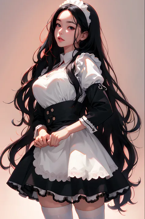 maid clothes　Long Black Hair　FULL BODYSHOT　White lace headband　White lace apron　White garter stockings　No bangs　Wavy Hair　Bangs center parting　Beautiful facial features　Frontal shot　Full-body image　8K picture quality、top-quality、masutepiece，white stockings...